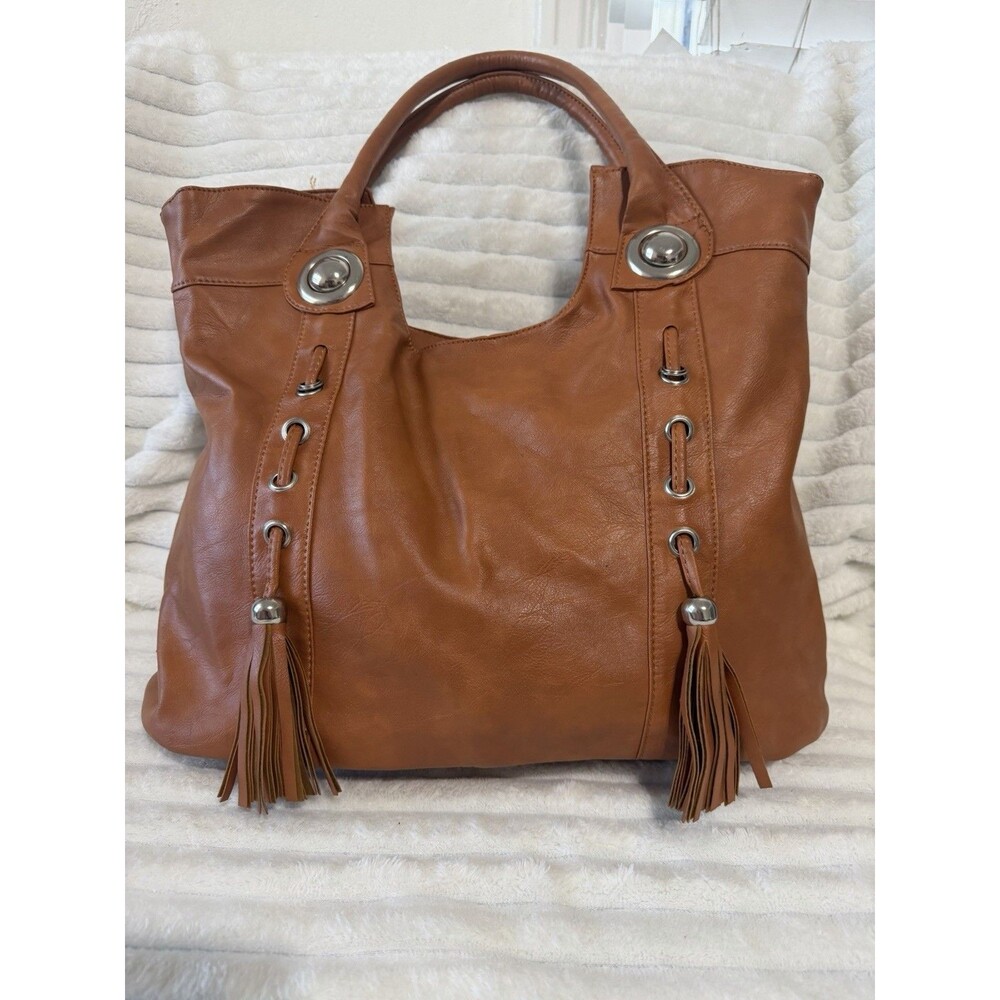 Oriflame Brown Faux Leather Tote Bag Tassel Grommet Shoulder Handbag Large
